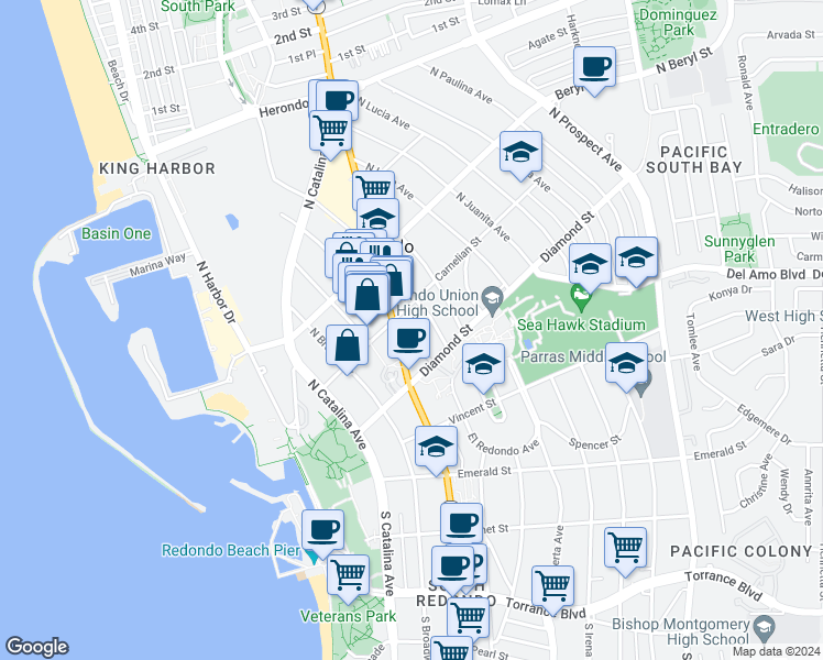map of restaurants, bars, coffee shops, grocery stores, and more near 320 North Francisca Avenue in Redondo Beach