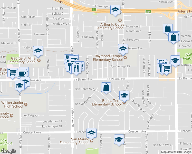 map of restaurants, bars, coffee shops, grocery stores, and more near 7977 San Rafael Drive in Buena Park