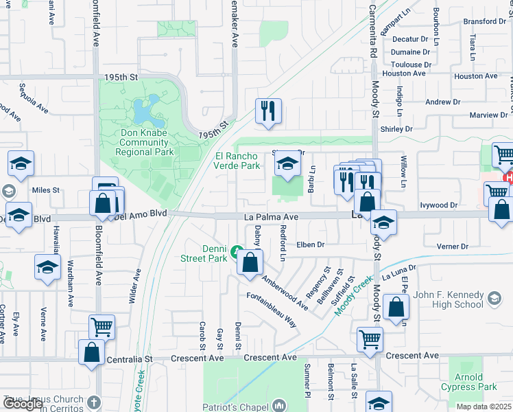 map of restaurants, bars, coffee shops, grocery stores, and more near 4581 Kathy Drive in La Palma