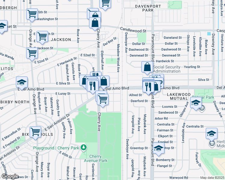 map of restaurants, bars, coffee shops, grocery stores, and more near 4901 Clair Del Avenue in Long Beach