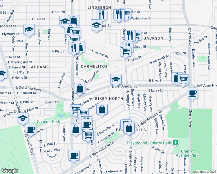 map of restaurants, bars, coffee shops, grocery stores, and more near 1100 East Del Amo Boulevard in Long Beach