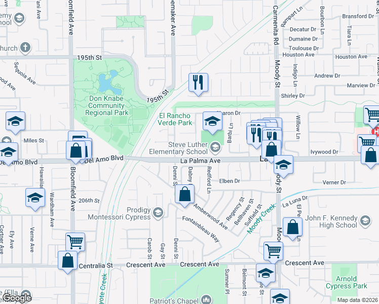map of restaurants, bars, coffee shops, grocery stores, and more near 4536 Montecito Drive in La Palma