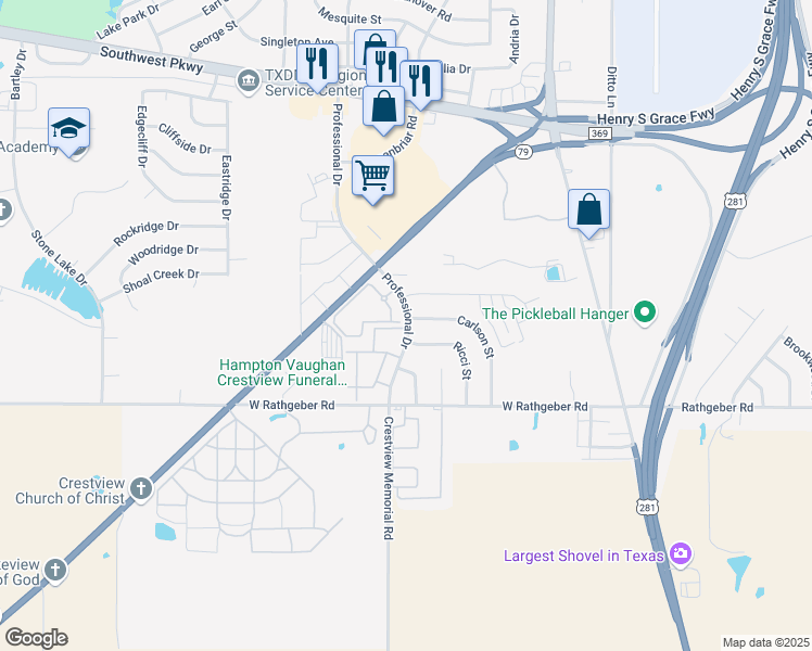 map of restaurants, bars, coffee shops, grocery stores, and more near 5500 Professional Drive in Wichita Falls