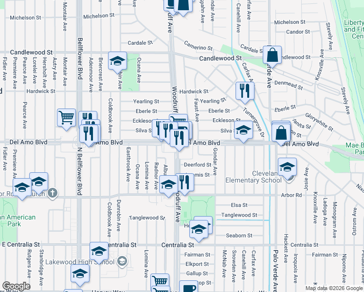 map of restaurants, bars, coffee shops, grocery stores, and more near 5951 Del Amo Blvd in Lakewood