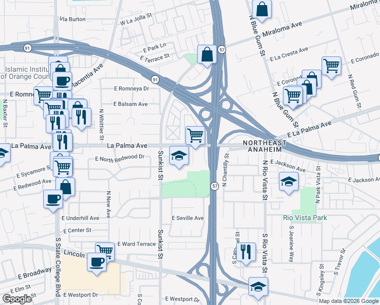 map of restaurants, bars, coffee shops, grocery stores, and more near 531 North Cherry Tree Lane in Anaheim