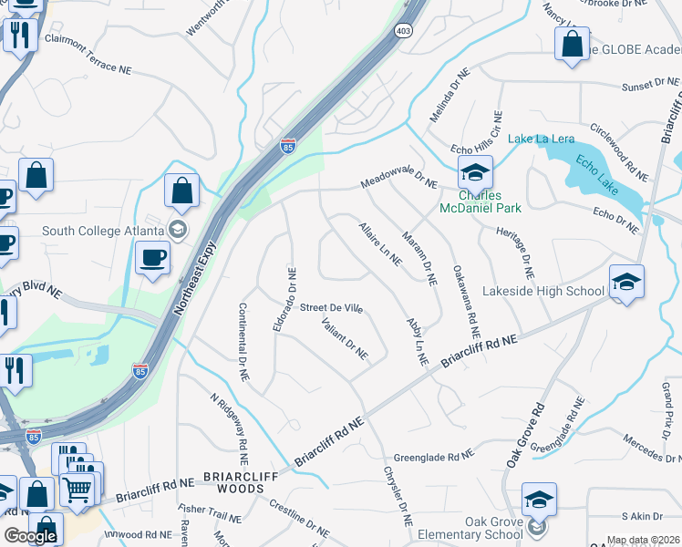 map of restaurants, bars, coffee shops, grocery stores, and more near 2123 Meadowcliff Drive Northeast in Atlanta