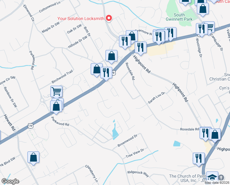 map of restaurants, bars, coffee shops, grocery stores, and more near 2376 Thackery Road Southwest in Snellville