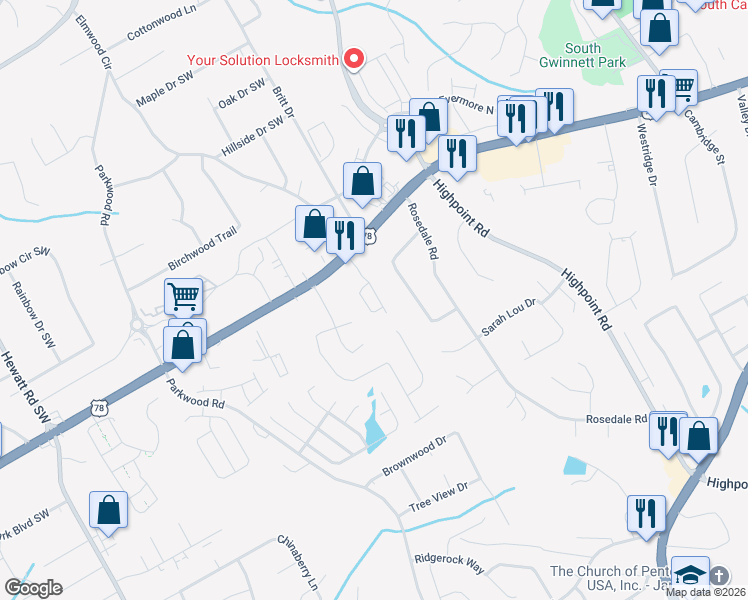 map of restaurants, bars, coffee shops, grocery stores, and more near 2376 Thackery Road Southwest in Snellville