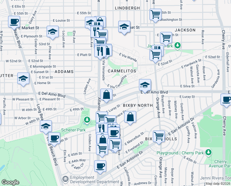 map of restaurants, bars, coffee shops, grocery stores, and more near 765 East Silva Street in Long Beach