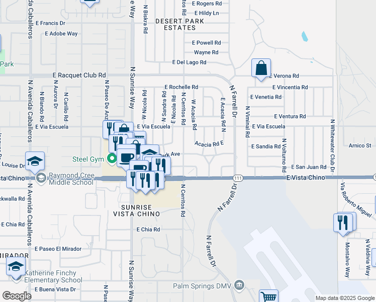 map of restaurants, bars, coffee shops, grocery stores, and more near 2003 Acacia Road East in Palm Springs