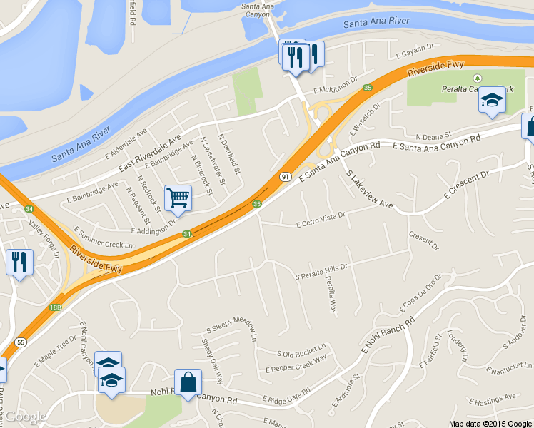 map of restaurants, bars, coffee shops, grocery stores, and more near 151 Toby Lane in Anaheim
