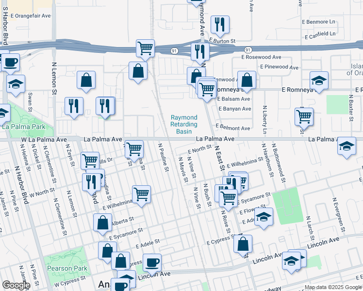 map of restaurants, bars, coffee shops, grocery stores, and more near 450 East La Palma Avenue in Anaheim