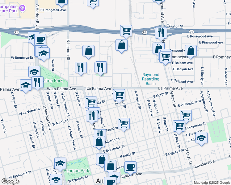 map of restaurants, bars, coffee shops, grocery stores, and more near in Anaheim