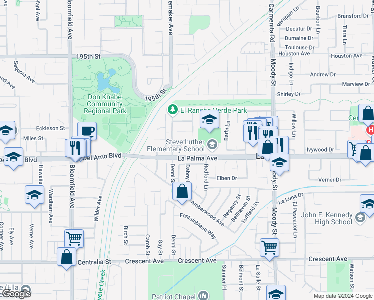 map of restaurants, bars, coffee shops, grocery stores, and more near 4581 Kathy Drive in La Palma