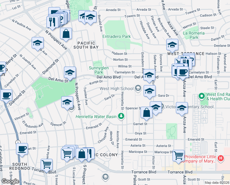 map of restaurants, bars, coffee shops, grocery stores, and more near 20337 Mason Court in Torrance