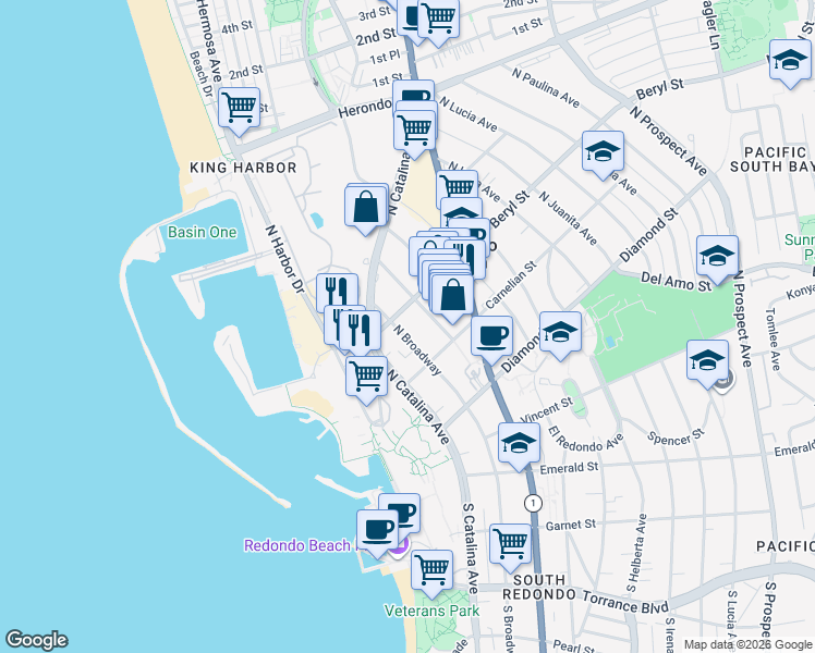 map of restaurants, bars, coffee shops, grocery stores, and more near 220 Beryl Street in Redondo Beach