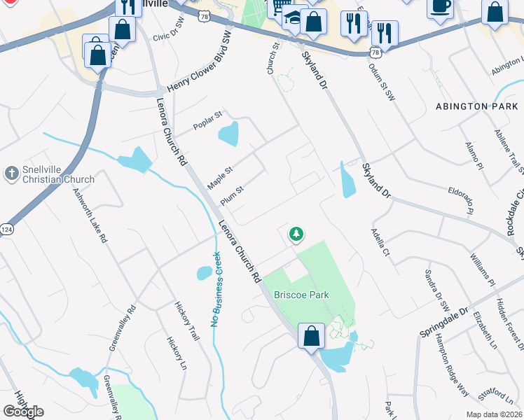 map of restaurants, bars, coffee shops, grocery stores, and more near 2631 Freemont Street in Snellville