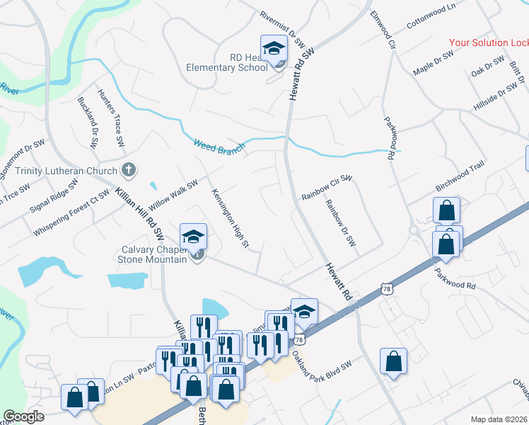 map of restaurants, bars, coffee shops, grocery stores, and more near 3837 Summer Kitchen Way in Lilburn