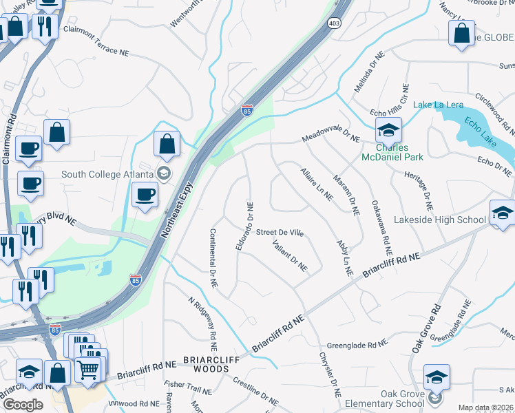 map of restaurants, bars, coffee shops, grocery stores, and more near 2151 Eldorado Drive Northeast in Atlanta