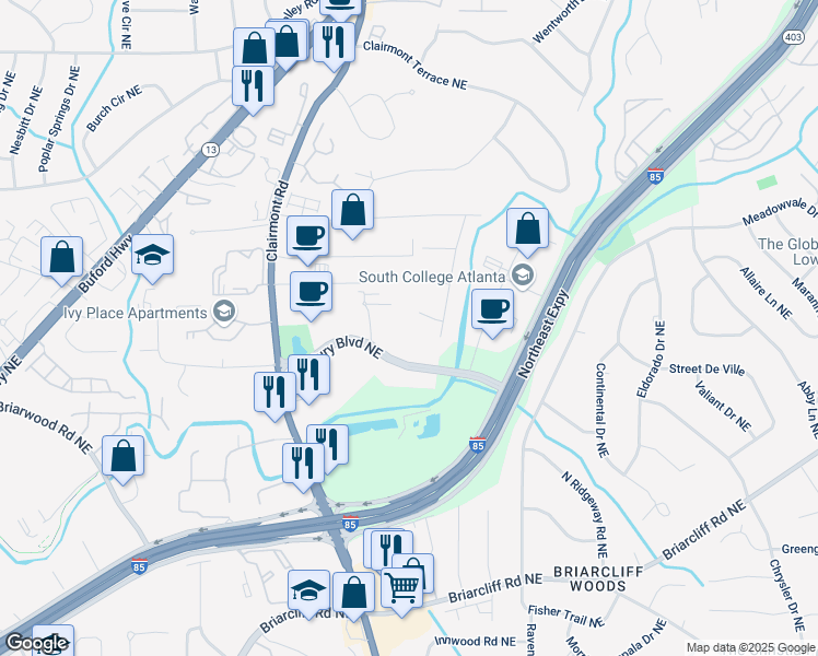 map of restaurants, bars, coffee shops, grocery stores, and more near 1933 Radar Road Northeast in Atlanta