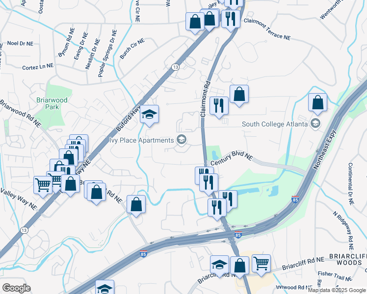 map of restaurants, bars, coffee shops, grocery stores, and more near 3056 Clairmont Road in Atlanta