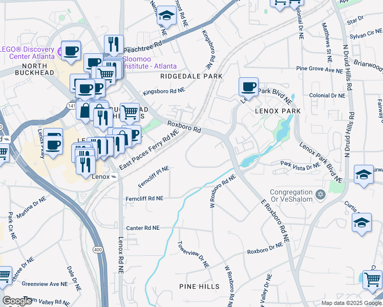 map of restaurants, bars, coffee shops, grocery stores, and more near 3491 Rockhaven Circle Northeast in Atlanta