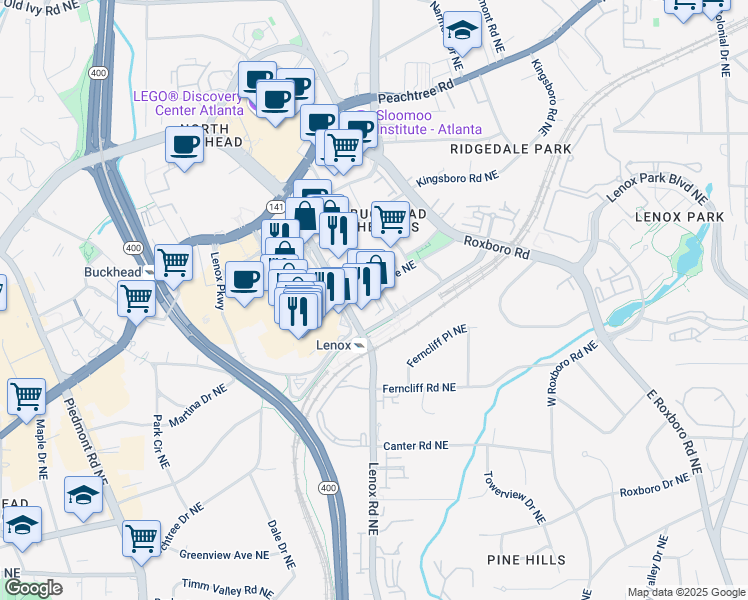 map of restaurants, bars, coffee shops, grocery stores, and more near 3387 Lenox Road Northeast in Atlanta