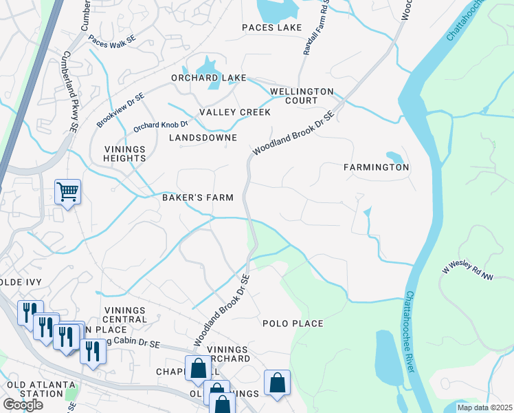 map of restaurants, bars, coffee shops, grocery stores, and more near 4395 Woodland Brook Drive Southeast in Atlanta