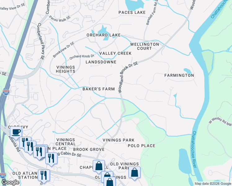 map of restaurants, bars, coffee shops, grocery stores, and more near 4388 Woodland Brook Drive Southeast in Atlanta