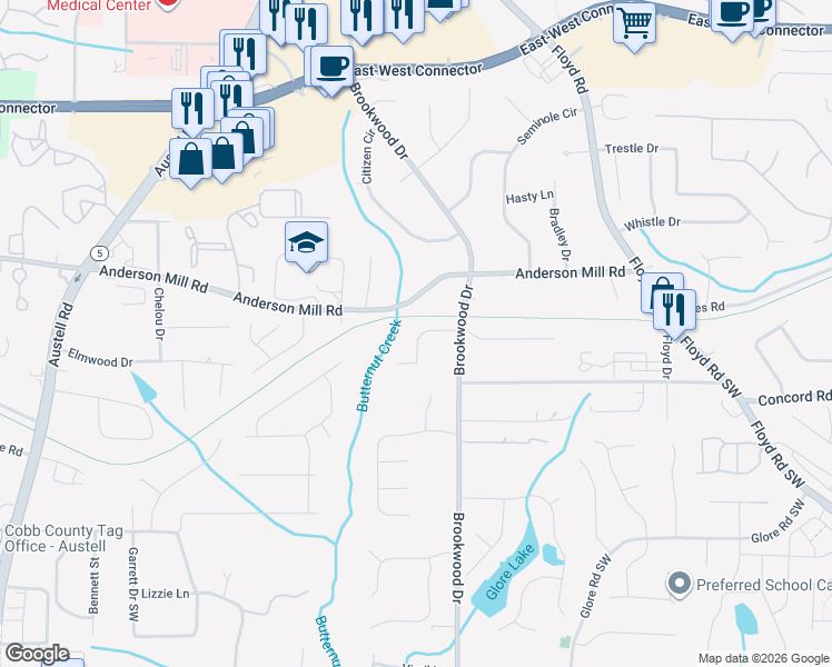 map of restaurants, bars, coffee shops, grocery stores, and more near 1415 Anderson Mill Road in Austell