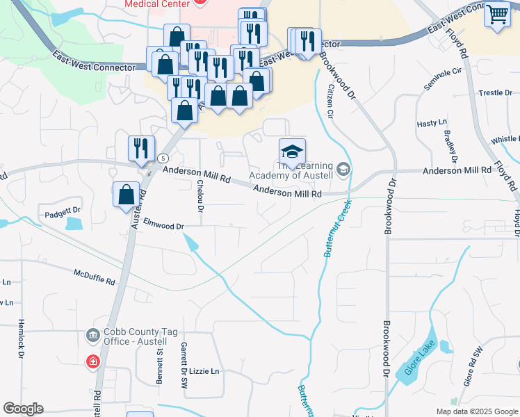 map of restaurants, bars, coffee shops, grocery stores, and more near 1612 Silver Oak Drive in Austell