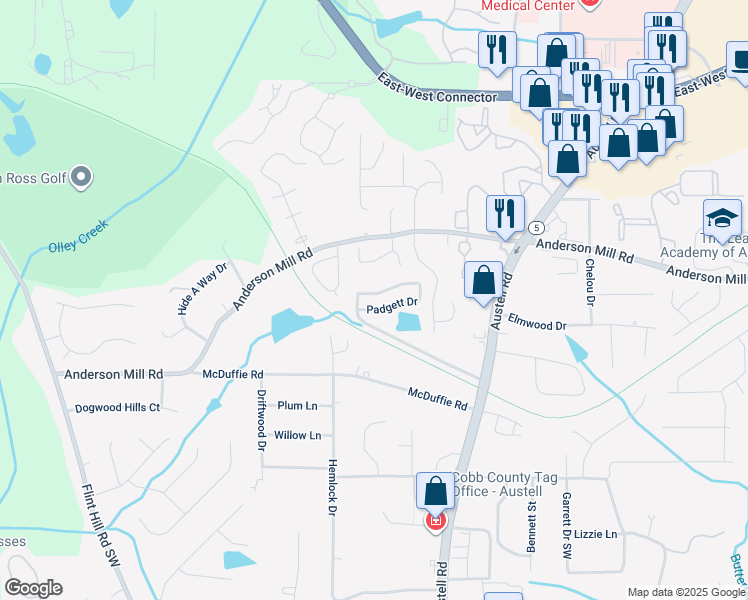 map of restaurants, bars, coffee shops, grocery stores, and more near 2098 Lenoa Lane in Austell