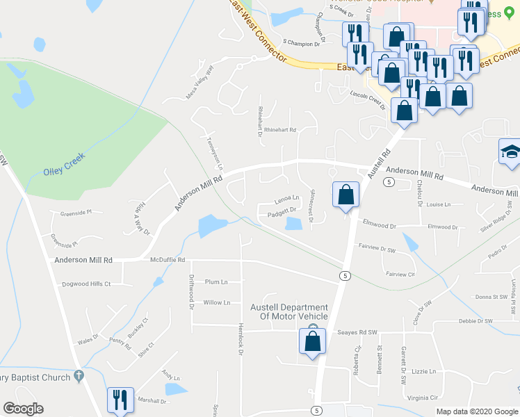 map of restaurants, bars, coffee shops, grocery stores, and more near 2098 Lenoa Lane in Austell