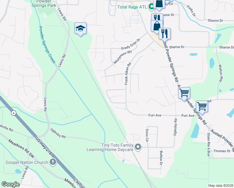 map of restaurants, bars, coffee shops, grocery stores, and more near 4302 Starboard Drive in Powder Springs