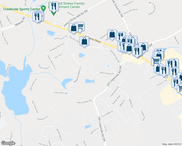 map of restaurants, bars, coffee shops, grocery stores, and more near 559 Ashton Manor Drive in Loganville