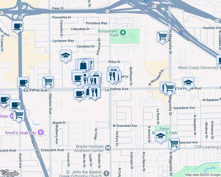 map of restaurants, bars, coffee shops, grocery stores, and more near La Palma Avenue & Dale Street in Buena Park