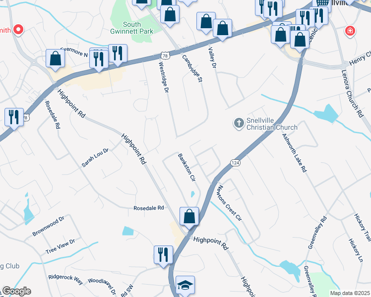 map of restaurants, bars, coffee shops, grocery stores, and more near 2396 Cambridge Street in Snellville