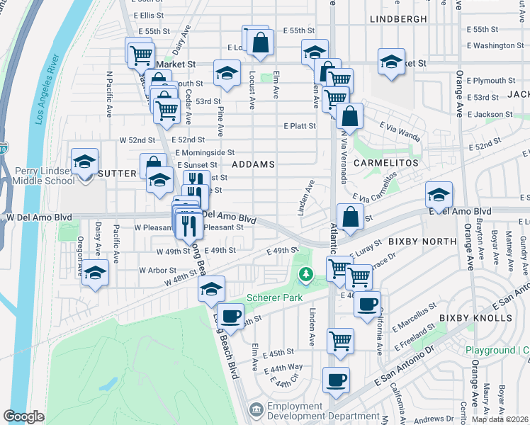 map of restaurants, bars, coffee shops, grocery stores, and more near 331 East Silva Street in Long Beach