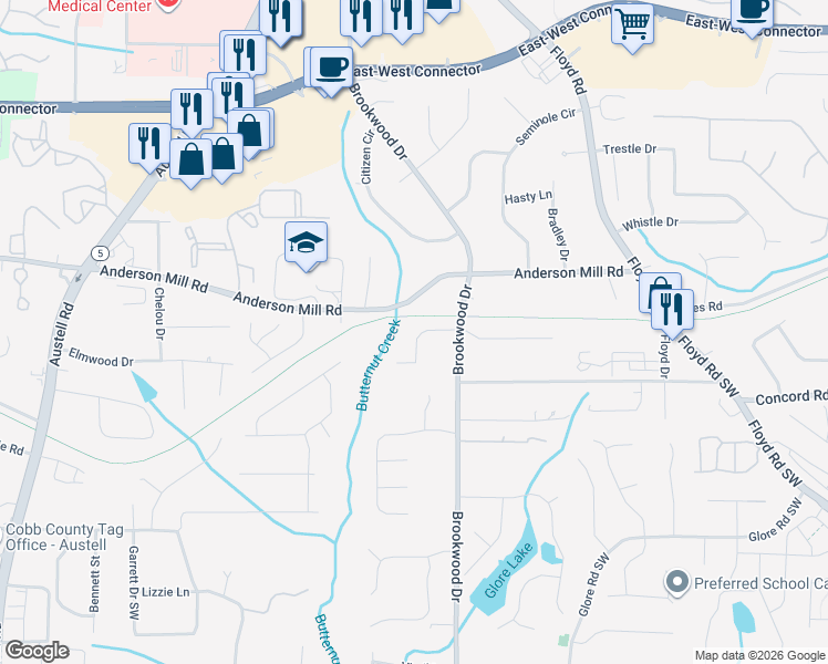 map of restaurants, bars, coffee shops, grocery stores, and more near 1415 Anderson Mill Road in Austell