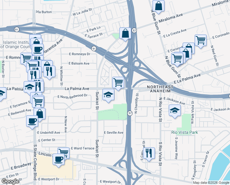 map of restaurants, bars, coffee shops, grocery stores, and more near 531 North Cherry Tree Lane in Anaheim
