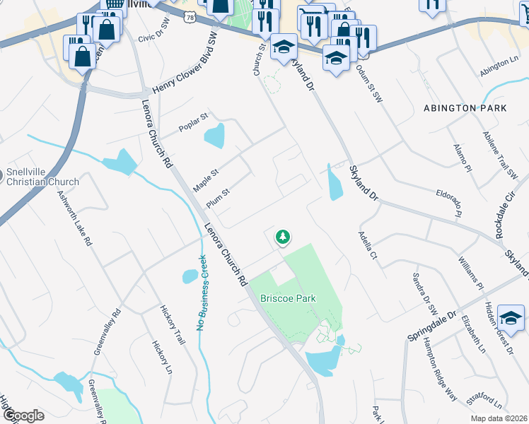 map of restaurants, bars, coffee shops, grocery stores, and more near 2582 Freemont Street in Snellville