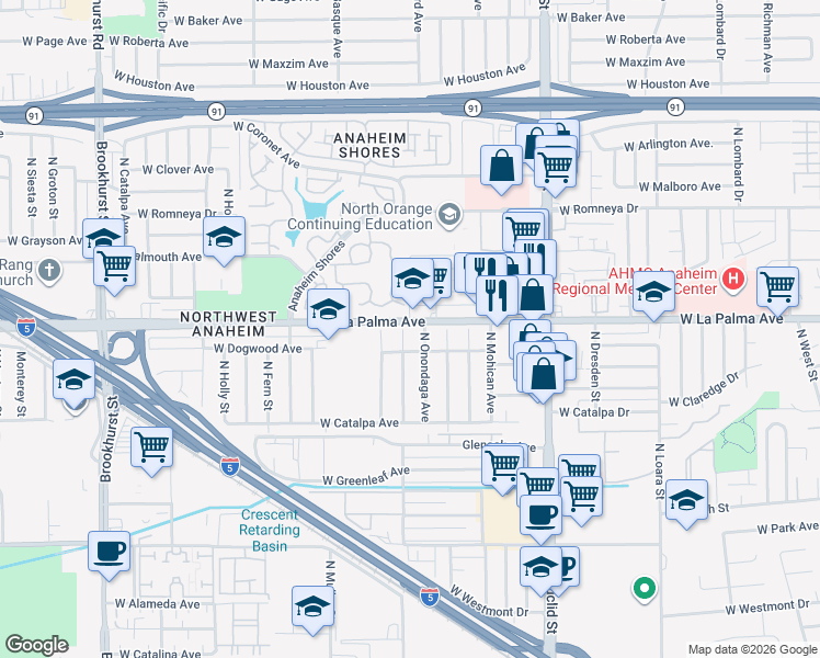 map of restaurants, bars, coffee shops, grocery stores, and more near 1831 West La Palma Avenue in Anaheim