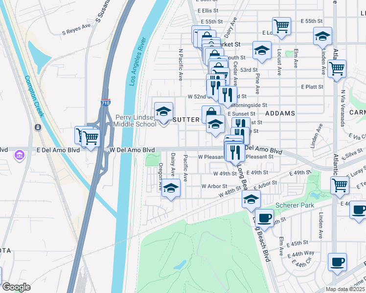 map of restaurants, bars, coffee shops, grocery stores, and more near 111 West Del Amo Boulevard in Long Beach