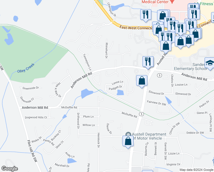 map of restaurants, bars, coffee shops, grocery stores, and more near 2097 Lenoa Lane in Austell