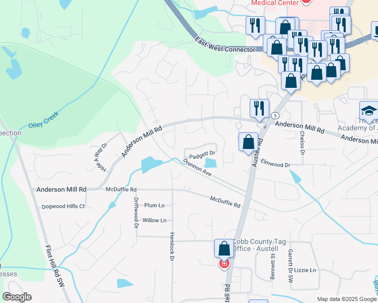 map of restaurants, bars, coffee shops, grocery stores, and more near 2093 Lenoa Lane in Austell