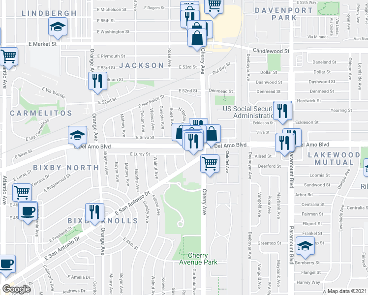 map of restaurants, bars, coffee shops, grocery stores, and more near 1948 East Del Amo Boulevard in Long Beach