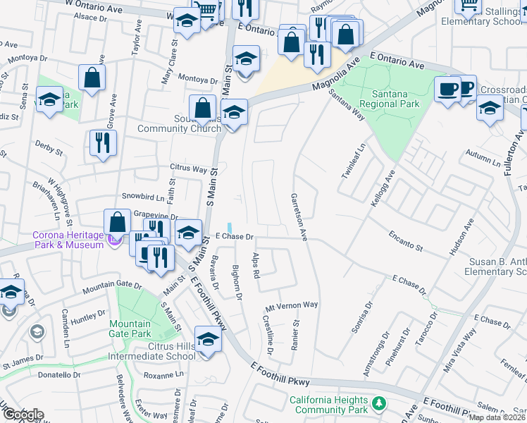 map of restaurants, bars, coffee shops, grocery stores, and more near 2864 Mellor Street in Corona