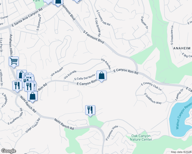 map of restaurants, bars, coffee shops, grocery stores, and more near 6512 Vía Estrada in Anaheim