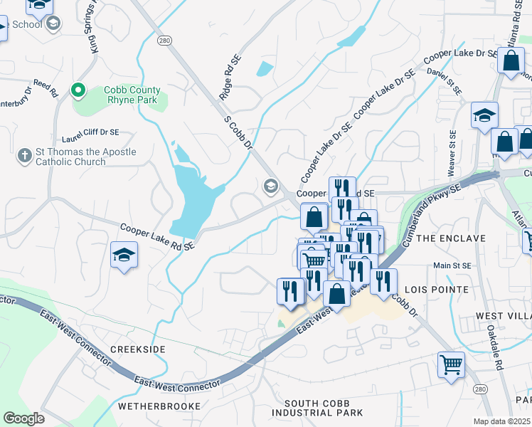 map of restaurants, bars, coffee shops, grocery stores, and more near 1618 Cooper Lake Road Southeast in Smyrna
