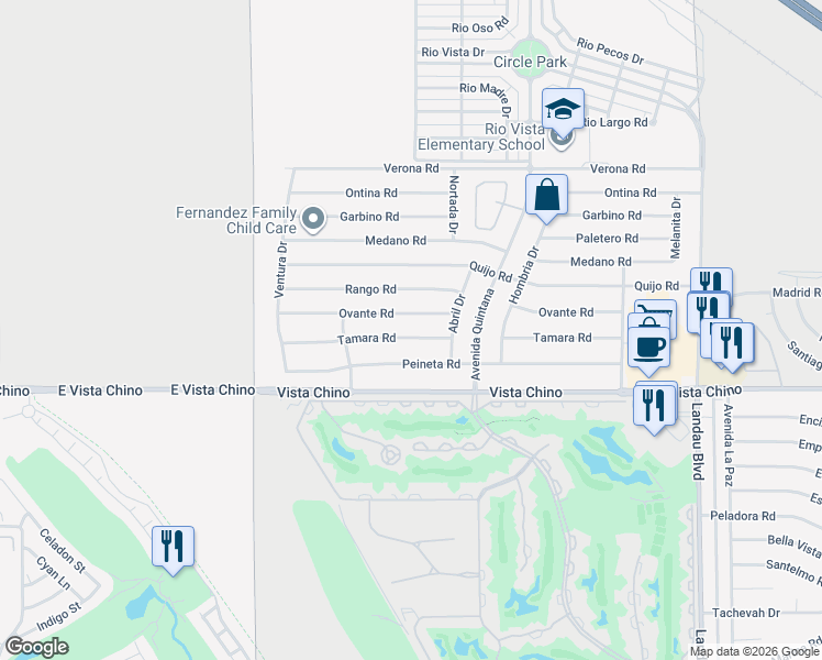map of restaurants, bars, coffee shops, grocery stores, and more near 67370 Ovante Road in Cathedral City